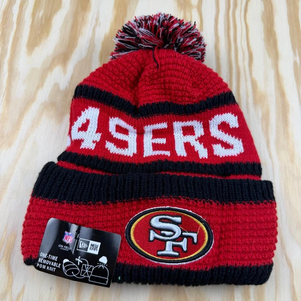 New Era San Francisco 49ers NFL On Field Sport Knit Beanie Hat Red Black Pom NWT